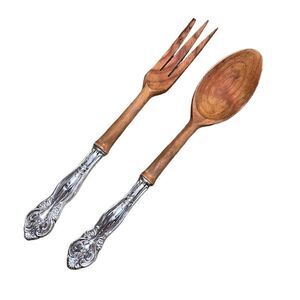Vintage Antique Wood and Sterling Salad Serving Fork & Spoon Set